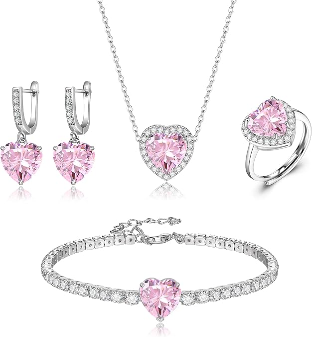 Crysdue 3/4 Pcs Heart Jewelry Set for Women, Cubic Zirconia Pendant Necklace Hoop Earrings Open Ring Charm Tennis Bracelet Set for Prom Party, Birthday Valentines Mothers Day Christmas Jewelry Gift