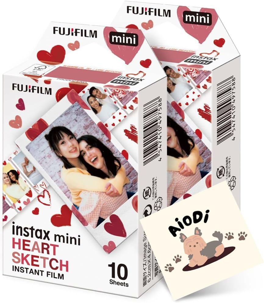 Fujifilm Mini Heart Sketch Instant Camera Film: 20 Shoots Total, (10 Sheets x 2) - Capture Memories Anytime, Anywhere - AIODI Sticker Included