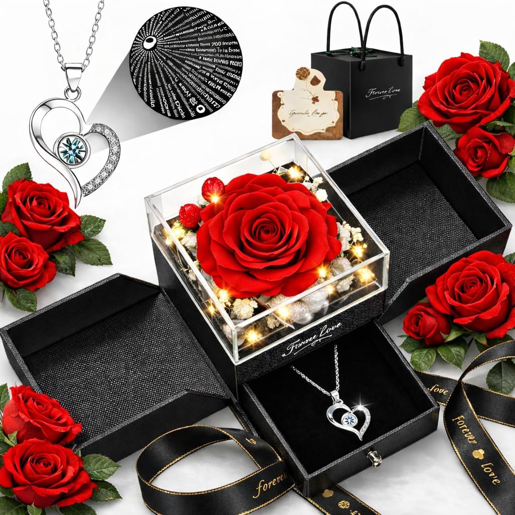 Valentines Day Gifts for Her Women Girlfriend Wife Fiancée - Preserved Real Rose with Heart Necklace “I Love You” in 100 Languages, Valentine's Forever Flowers