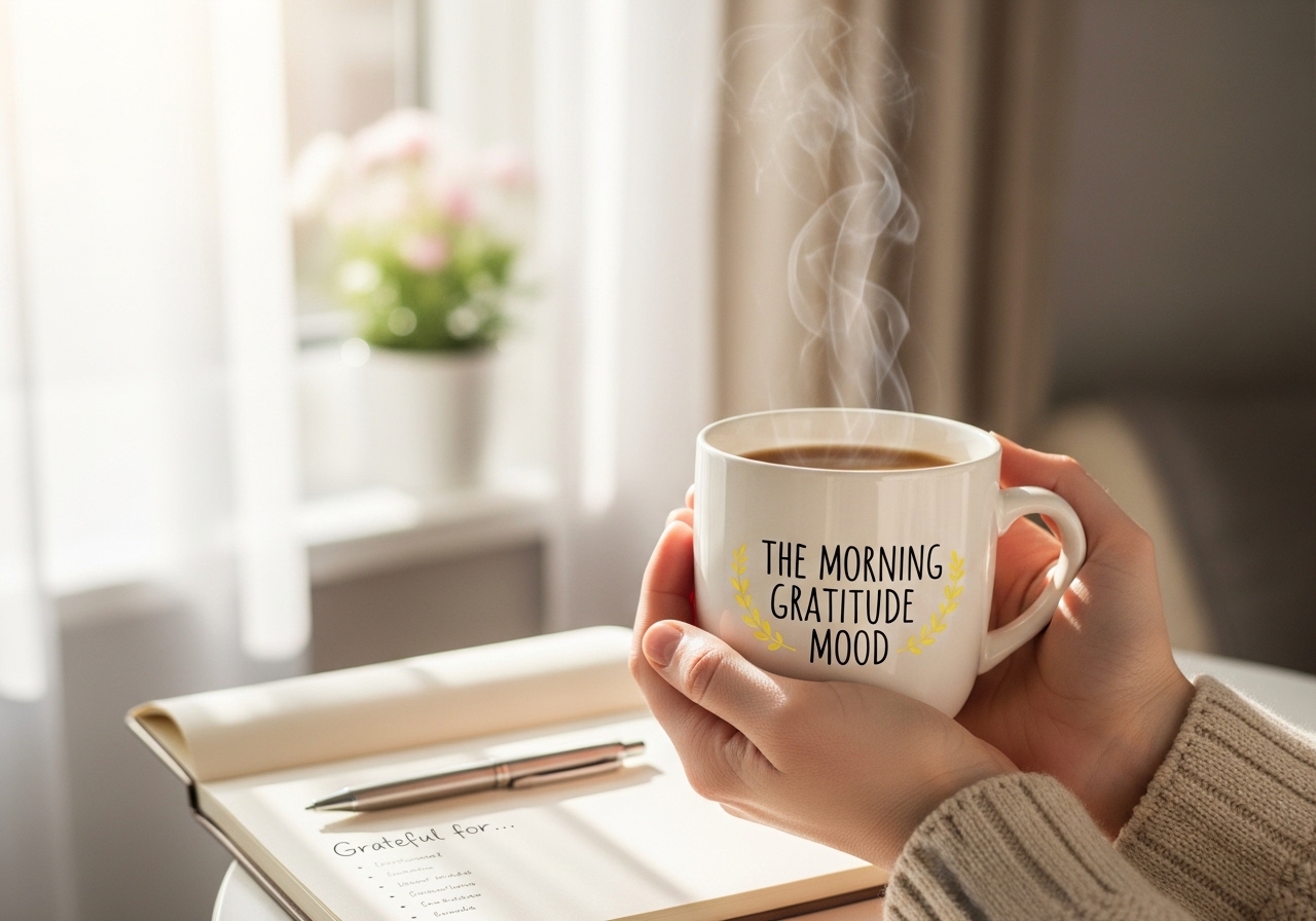 a women holding the coffee cup to show the morning gratitude mood