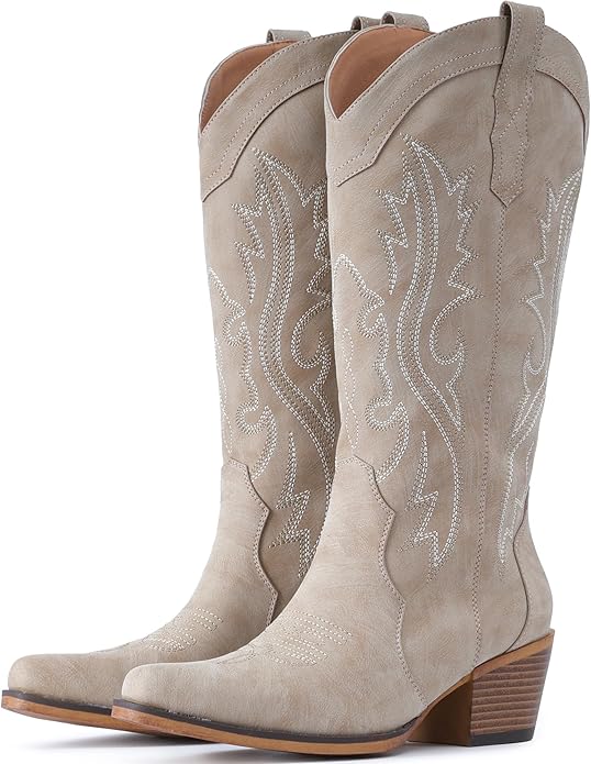 IUV Cowboy Boots For Women Western Cowgirl Boots with Chunky Heel Mid Calf Snip Toe Ideal for low insteps
