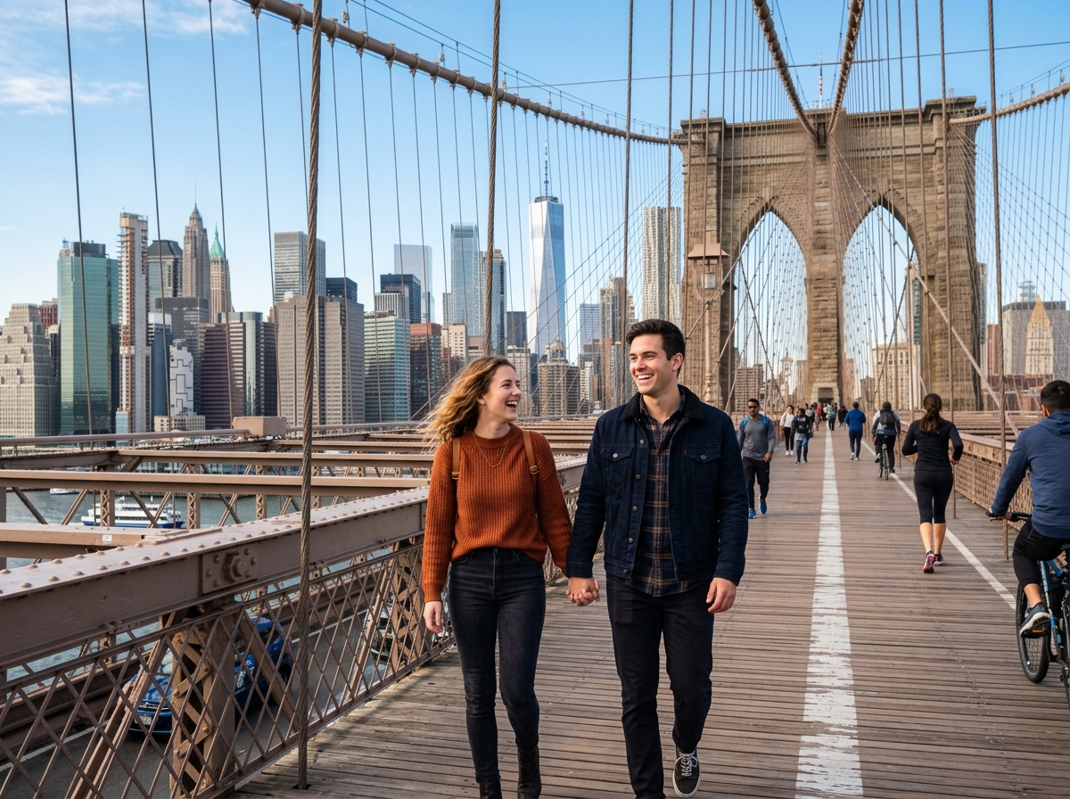 Young couple walking across Brooklyn Bridge