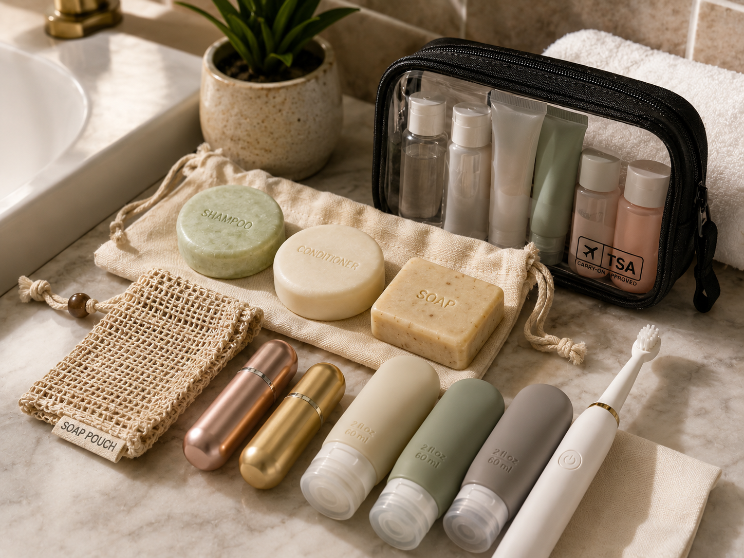 Travel Toiletry Essentials on Marble Countertop