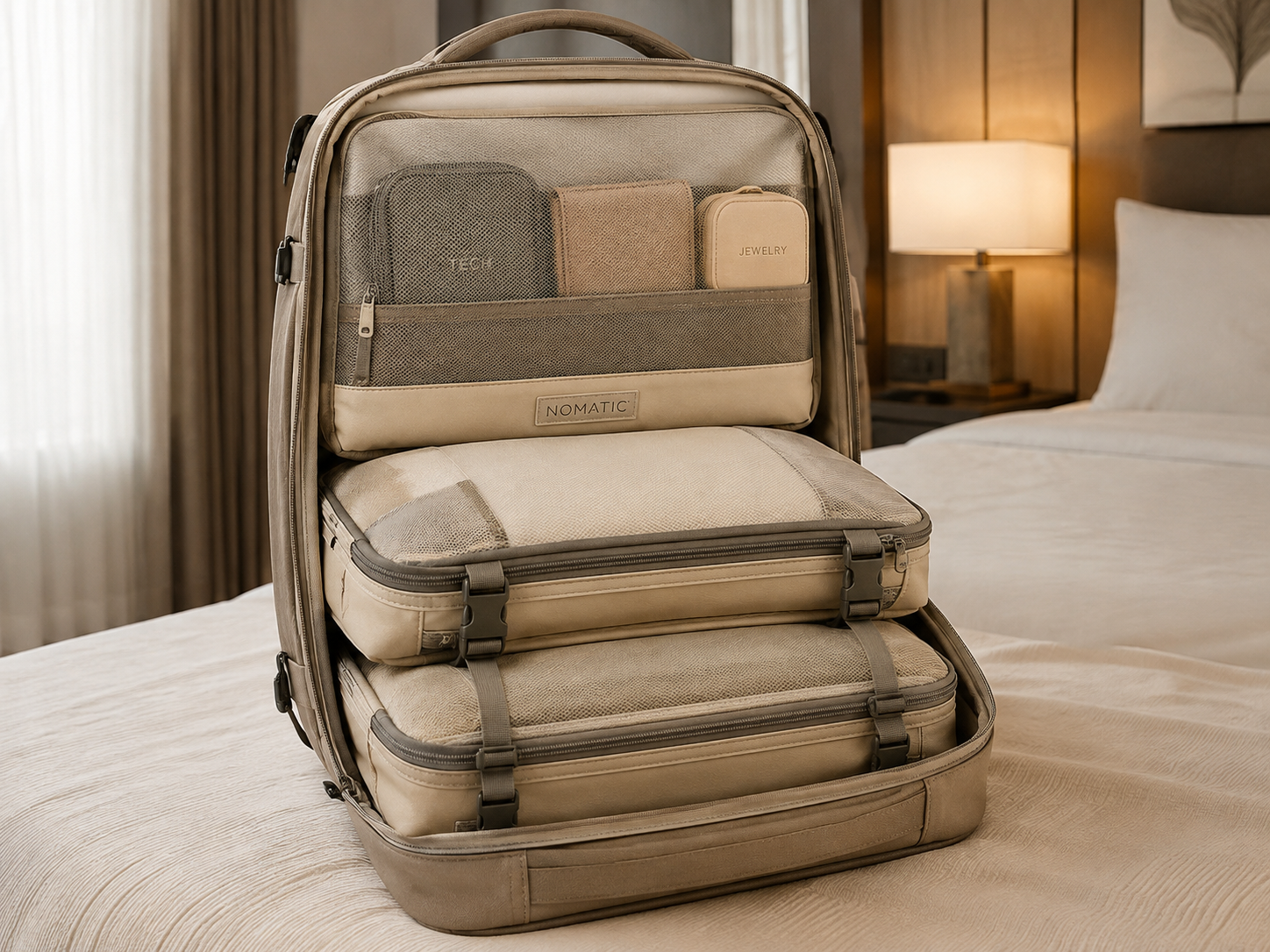 Open Nomatic Backpack on a Hotel Bed