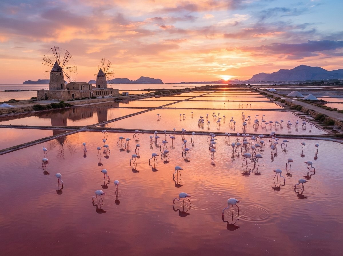 Trapani salt pans at sunset