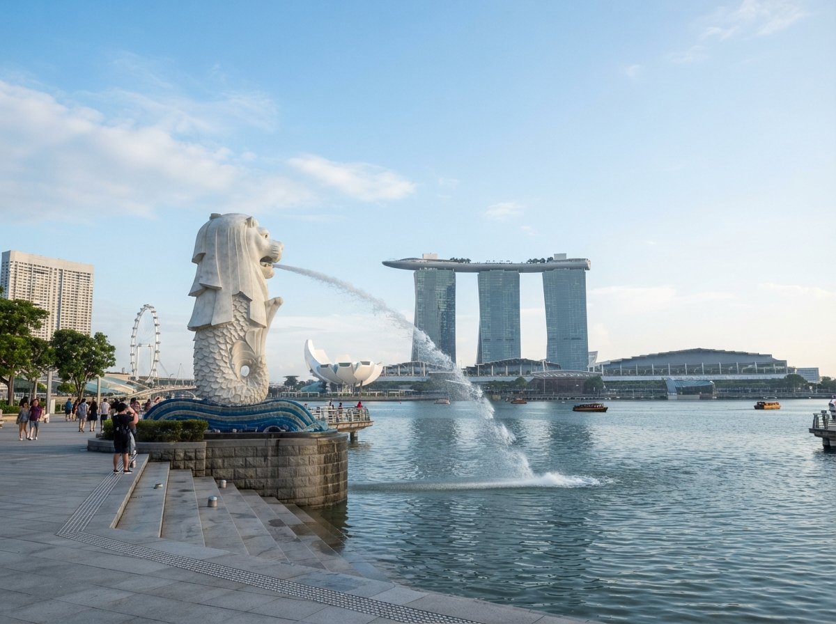 Merlion statue with Marina Bay Sands across the water.