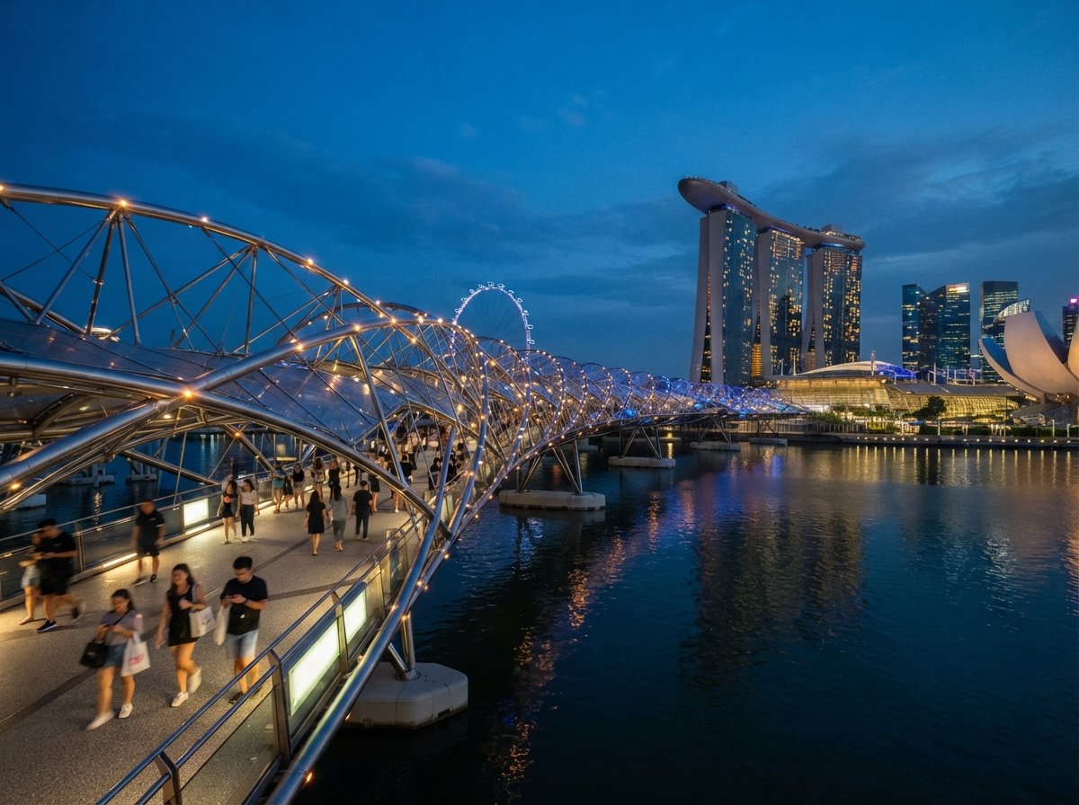 Helix Bridge with the Marina Bay skyline at night.
