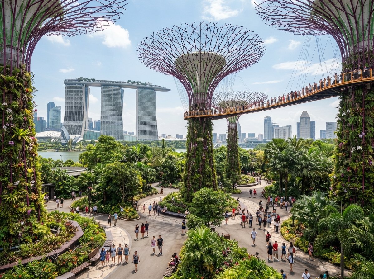 Supertrees and tropical gardens at Gardens by the Bay.