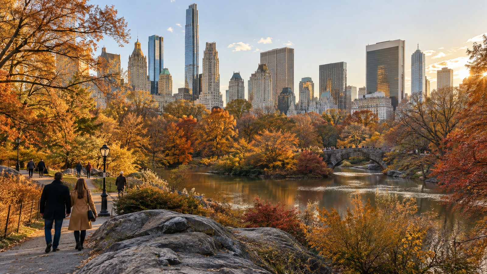 Autumn Park Pond with Manhattan Skyline