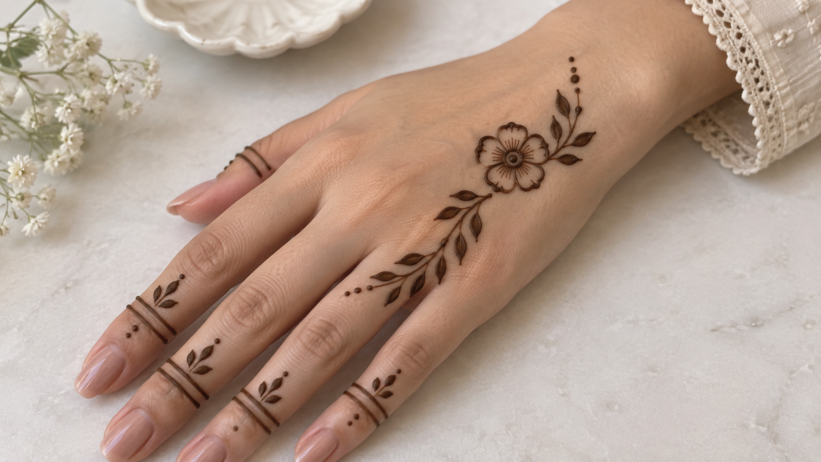 Delicate Floral Henna Hand on Marble