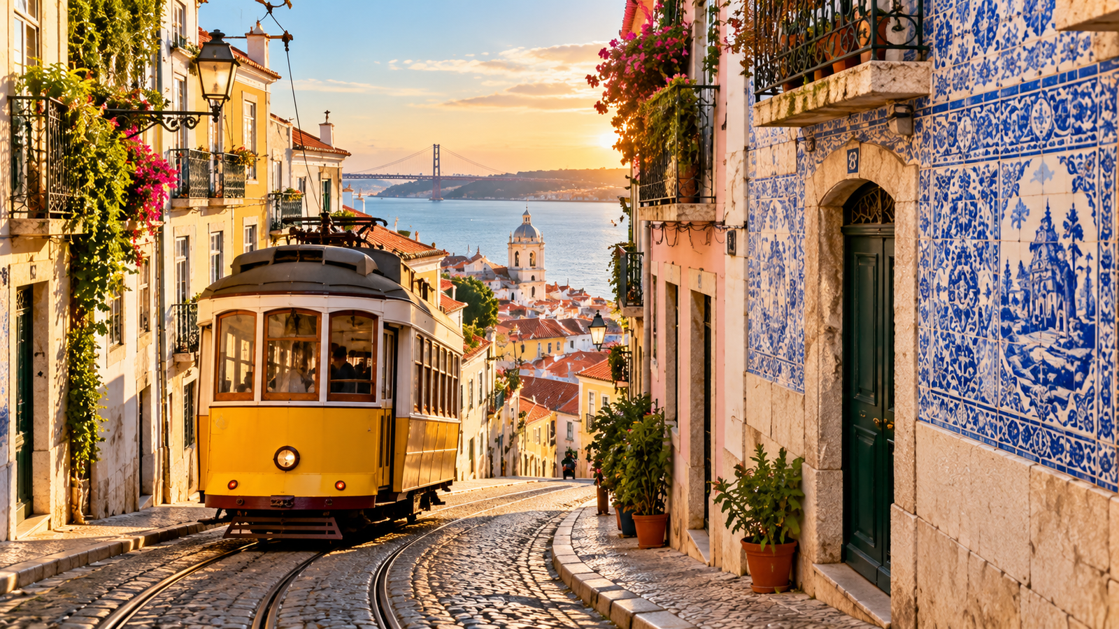 Sunset Tram Through Lisbon’s Flowered Streets