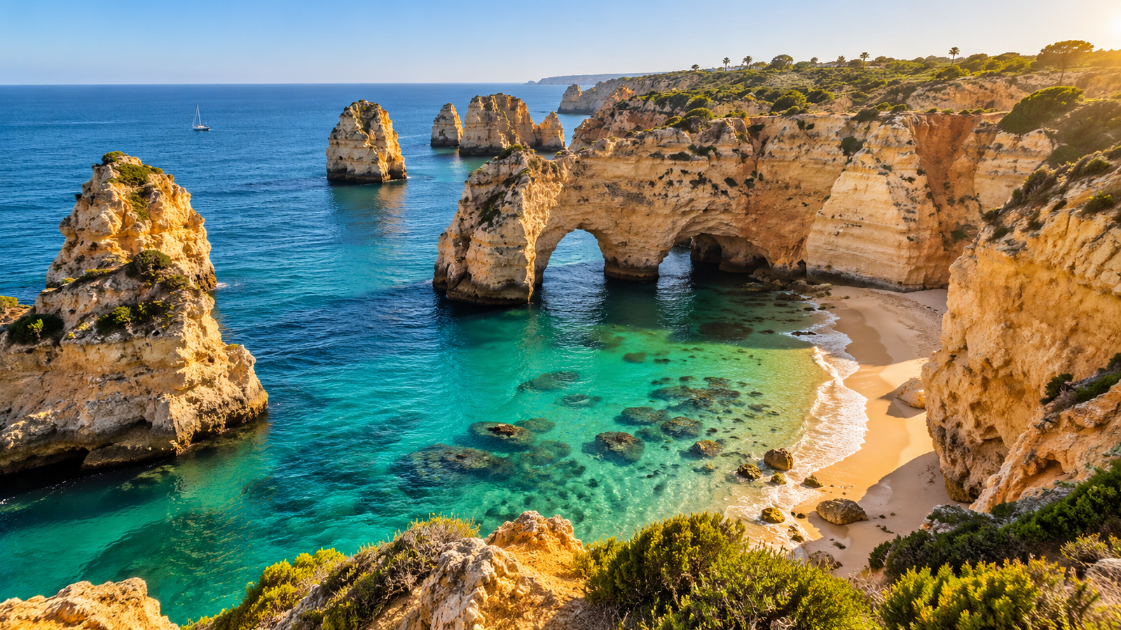Golden Cliffs and Turquoise Sea Arches