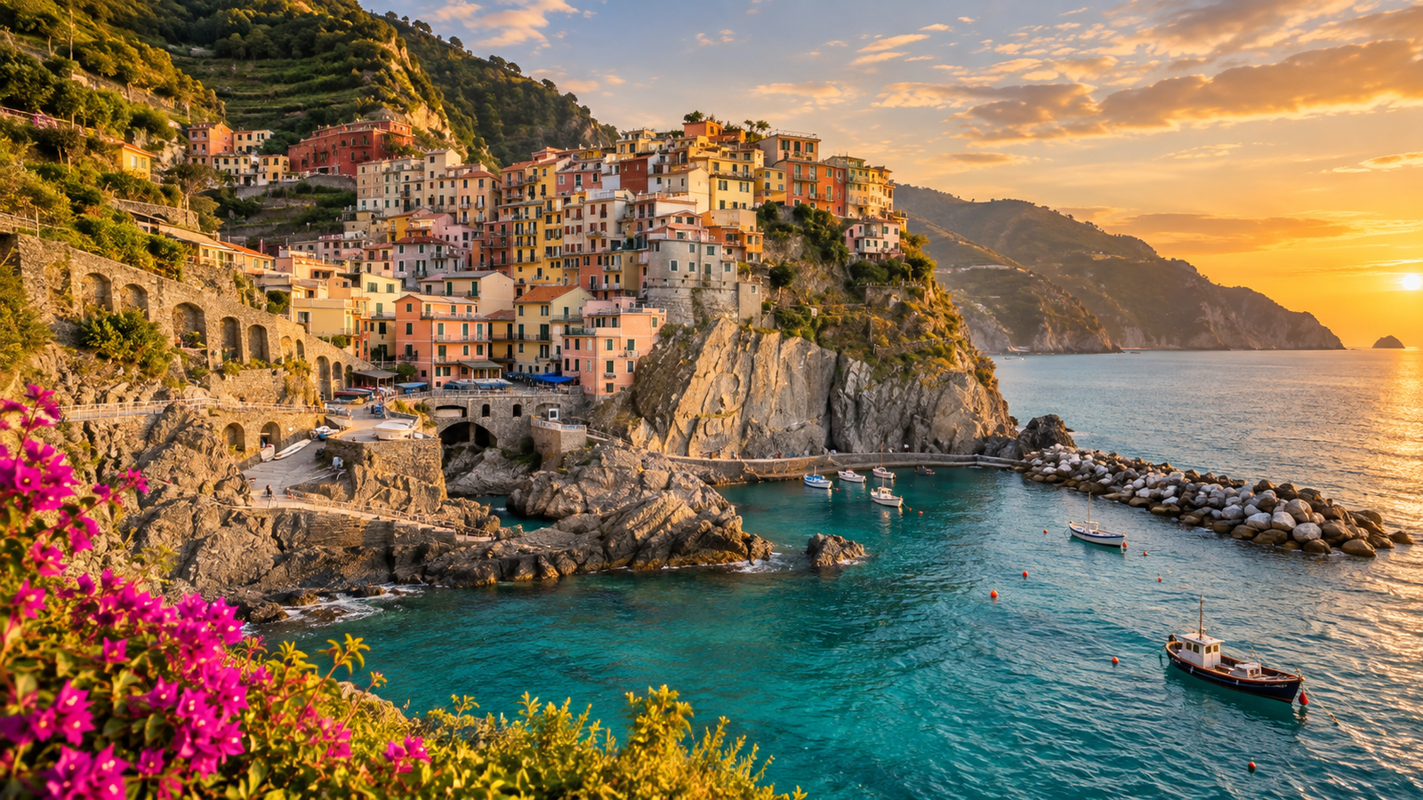 Golden Sunset Over a Mediterranean Cliffside Village