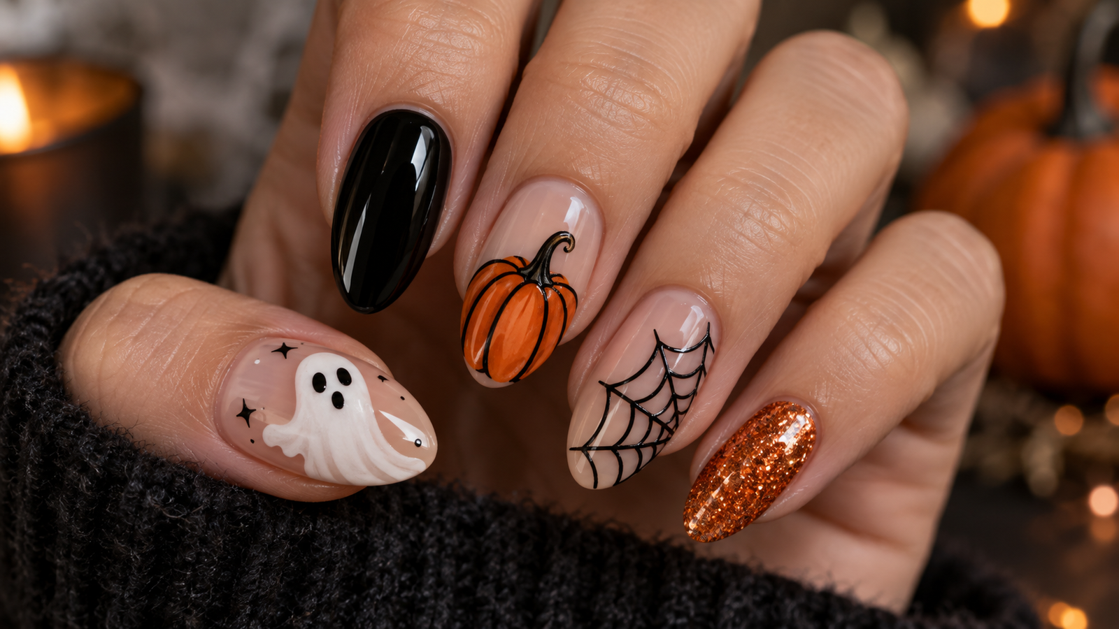 Glossy Halloween Ghost and Pumpkin Nails