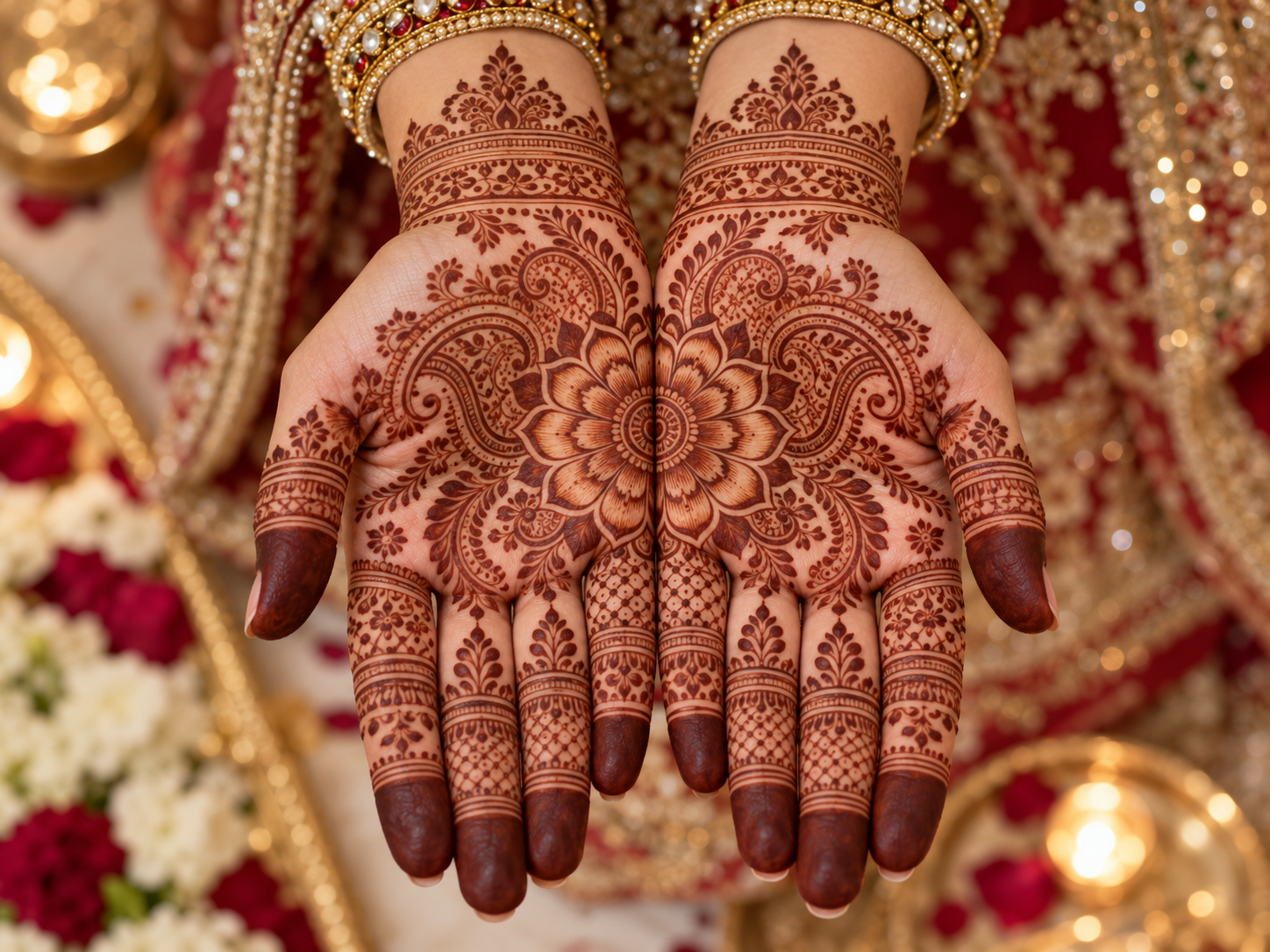 Bridal Mehndi Hands in Gold and Red

